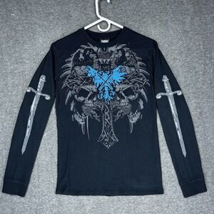 VTG‎ MMA Elite Shirt Mens M Black Thermal Waffle Knit Cross Skull Goth daggers